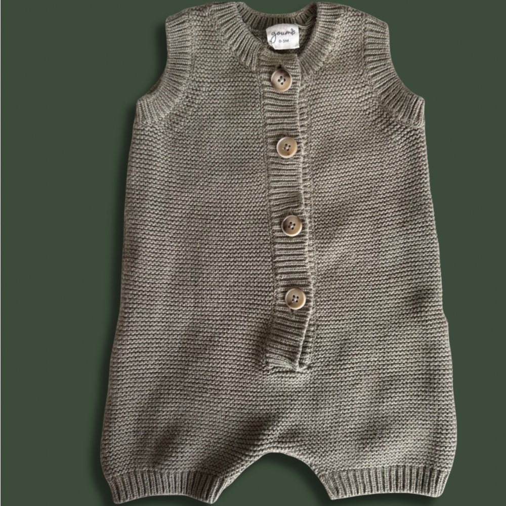 Gourmi (0-3 Months) Olive Green Knit Onesie Romper  with Front Buttons- Fall